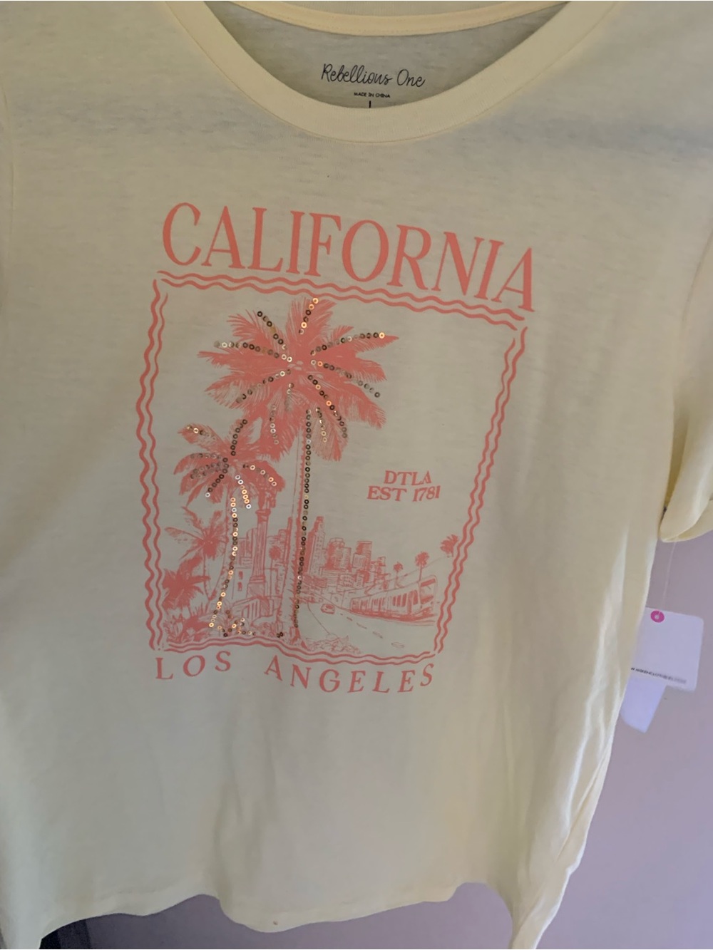 Rebellious One Yellow Tee with Red California Los Angeles Graphic